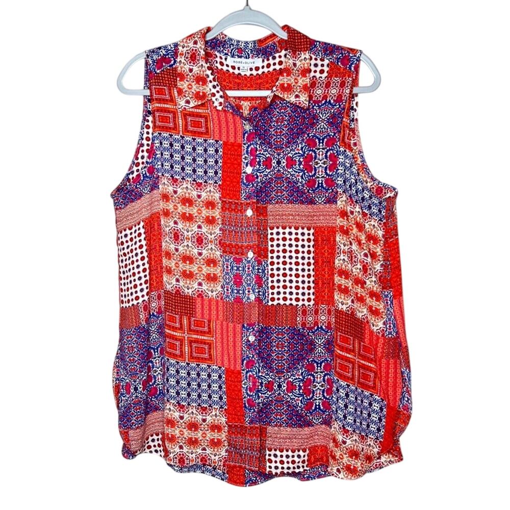 Rose + Olive Patchwork Mixed Print Sleeveless Blouse XL Button Up Collar Top
